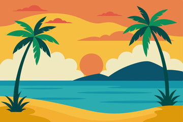 Tropical paradise beach with palm trees at sunset