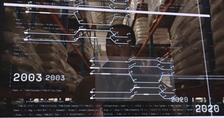 Warehouse analyst raising tablet and tapping display showing hologram timeline analyzing year data - Powered by Adobe