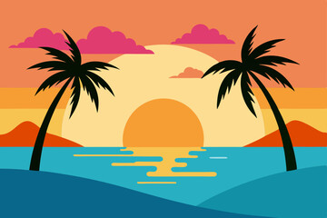 Tropical sunset on a serene beach with silhouetted palm trees against the summer sky