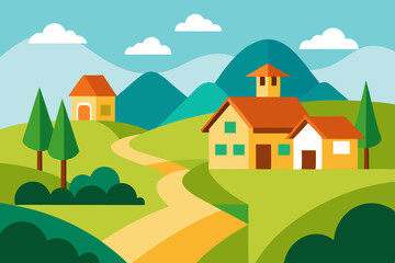 Vector illustration of a mountain village landscape with houses, trees, and sky