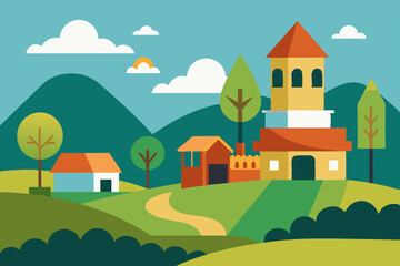Fototapeta premium A charming cartoon castle illustration nestled in a vibrant mountain landscape with a village, green trees, and a bright summer sky