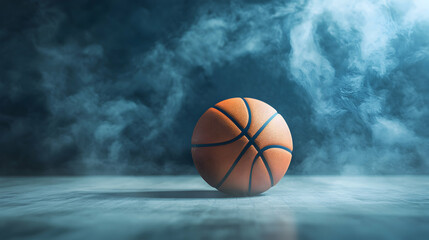 Obraz premium A basketball rests on a surface against a smoky blue background.