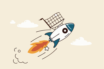 Boost sales and increase profit, achieve sales target or develop business growth, inflation and price concept, shopping cart or trolley on fast rocket booster flying hight in the sky.