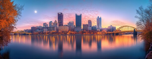 Obraz premium City skyline at dusk with illuminated buildings, calm river with reflections, two yellow arched bridges, full moon, and autumn trees framing the scene under a colorful sky