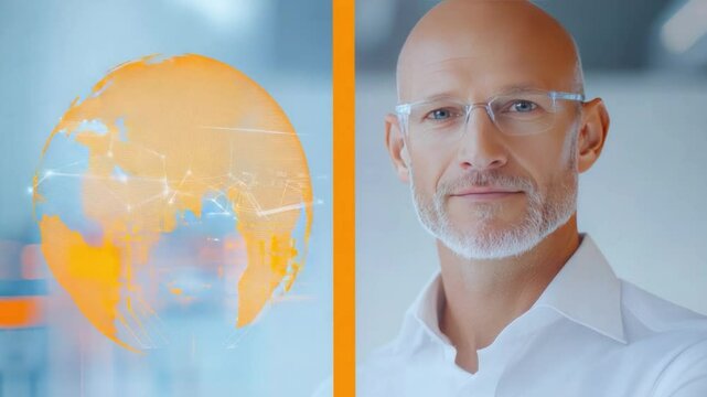 Global Visionary: A confident businessperson stands near a digital representation of Earth, embodying a visionary approach to international markets and global opportunities.