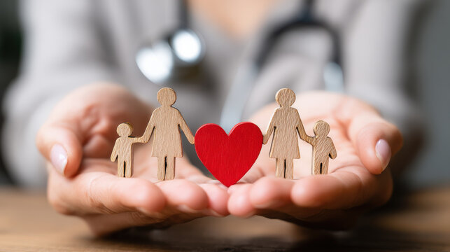 Doctor hands gently hold wooden human figures and red heart, symbolizing family care and health. stethoscope in background emphasizes medical support and compassion