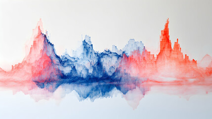 Abstract colorful mountains reflecting in water against a white background.
