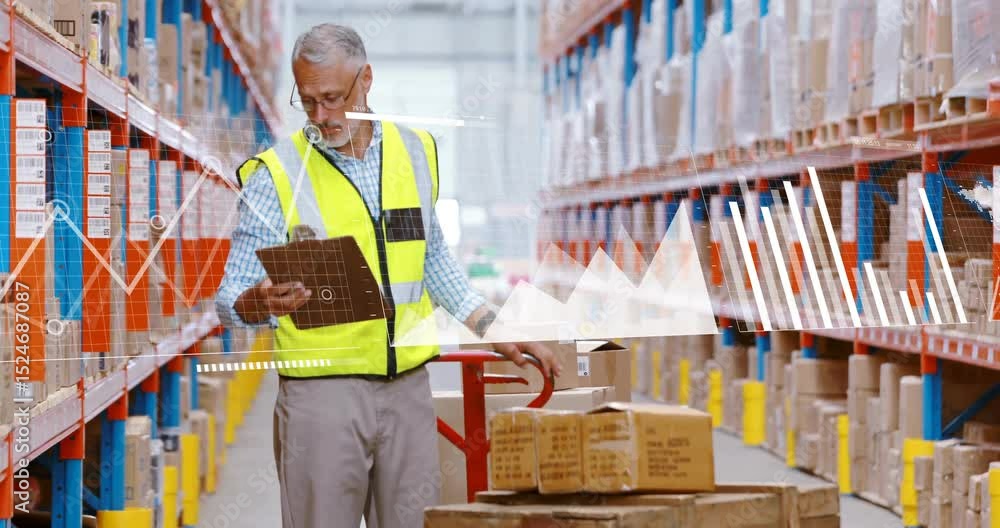 Poster warehouse manager entering aisle pushing cart scanning shelves with tablet comparing inventory data