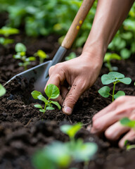 Hands planting green seedlings in dark soil with trowel