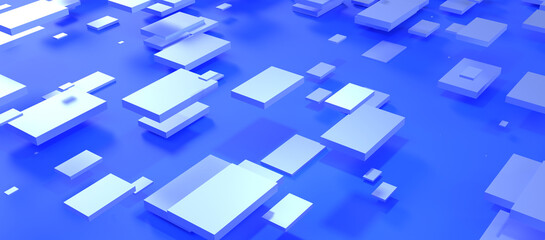 An abstract 3d rendering of light blue geometric shapes floating over a vibrant blue background.
