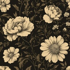 intricate floral pattern with large detailed cream-colored flowers and leaves on a dark background conveying elegance and vintage charm