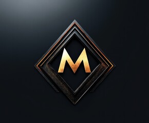 Golden letter M inside a layered dark and metallic diamond-shaped frame with a sleek and modern design on a black background