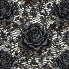 Intricate black lace fabric featuring detailed floral patterns with prominent large roses and delicate leaves on a fine netted background