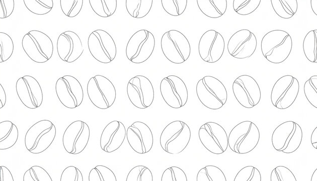 Seamless pattern of simple line art coffee beans, arranged in neat rows against a white background.  The beans are consistently sized and spaced