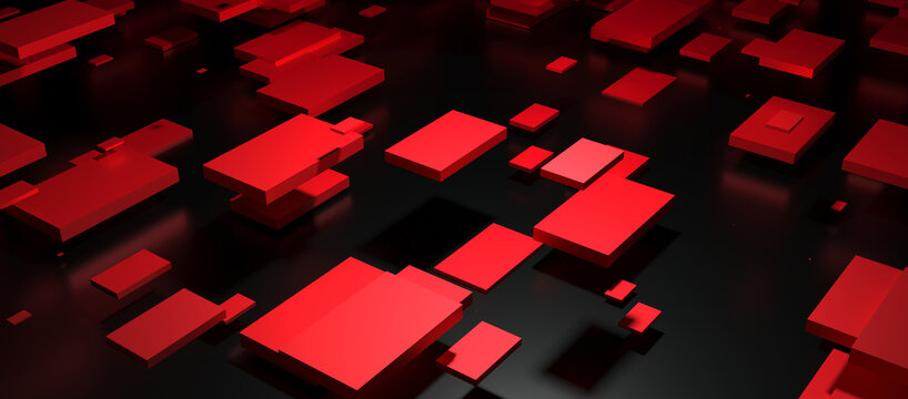 A futuristic abstract background of red geometric shapes on a dark, reflective surface.