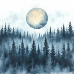 misty pine forest at dusk with large glowing full moon above a foggy landscape creating a calm and mysterious atmosphere