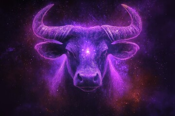 Glowing purple cosmic bull head with large curved horns floating in a starry space background, emitting an aura of mysticism and power