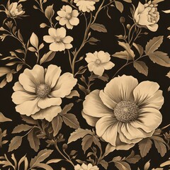 Detailed vintage botanical illustration of various blooming flowers and leaves in warm beige tones on a dark background
