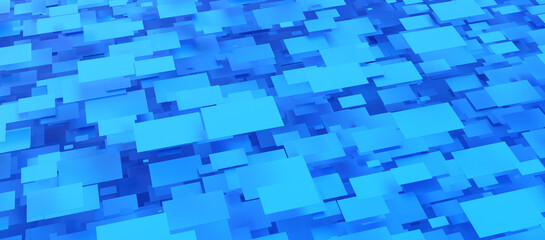 Abstract background of blue layered squares and rectangles with a sense of perspective and depth.
