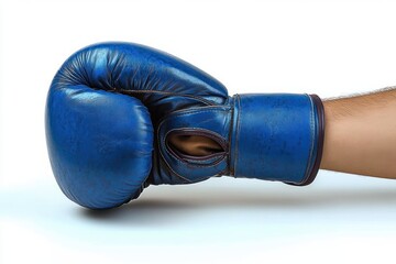 Close-up of an arm wearing a worn blue boxing glove with visible creases and texture on a white background