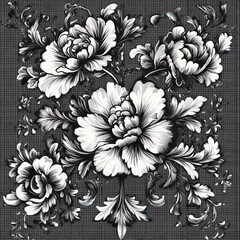 intricate black and white floral design featuring large blooming flowers with detailed petals and ornate leaves on a textured grid background, evoking elegance and sophistication