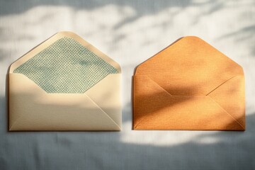 Two open envelopes side by side on a fabric surface with soft shadows and warm natural lighting