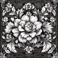 Intricate black and white floral design featuring a large central blooming flower surrounded by detailed leaves and smaller blossoms against a patterned background