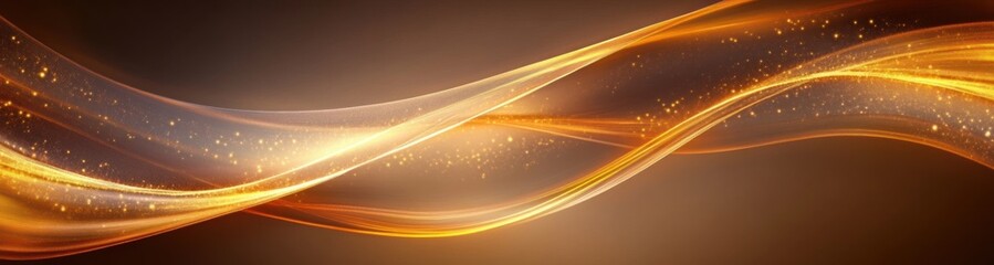 Abstract golden wave-like light trails with sparkling particles flowing smoothly over a dark brown background, evoking a sense of elegance and motion