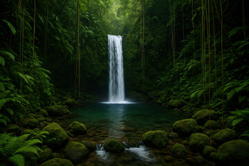 Obraz premium Hidden Waterfall in Deep Tropical Rainforest