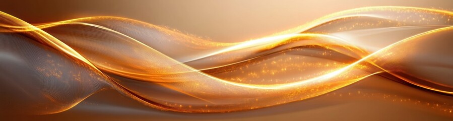 Flowing golden and amber waves with glowing sparkling light trails on smooth gray background, evoking a sense of dynamic movement and warmth