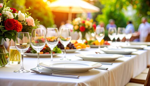 Elegant floral table setting with dinnerware, perfect for celebrations and intimate gatherings - Powered by Adobe