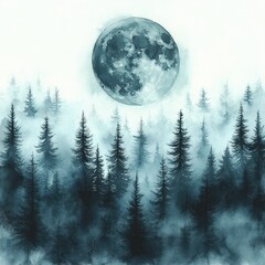 misty forest with tall pine trees under a large full moon in a moody blue tone evoking calm and mystery