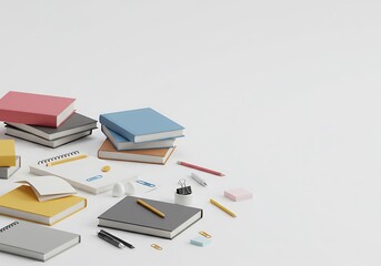 Assorted stationery items arranged on a white surface.