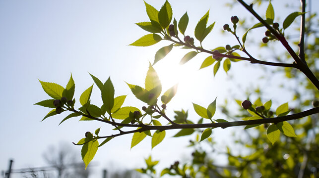 Branches from seed-bearing plants display their vibrant green leaves and budding flowers under the afternoon sun against a clear sky.
