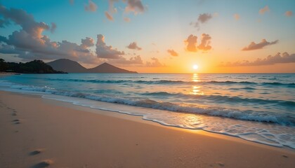 Fototapeta premium Beautiful sunset sun is big on Andaman sea at Windmill View Point near Laem Promthep Cape, Phuket, Thailand