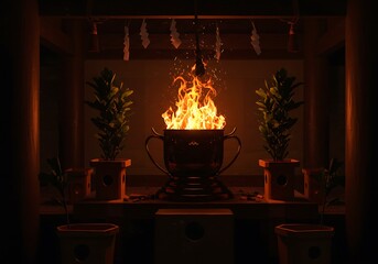 Burning offering in a dark shrine.