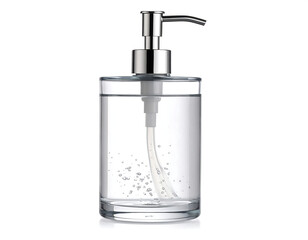 Obraz premium A clear glass soap dispenser with a metallic pump, partially filled with liquid soap, set against a white background.
