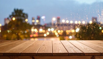 Obraz premium Empty wooden table with blurred city skyline background perfect for displays