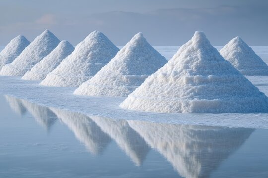 Row of pyramid-shaped white salt piles reflecting on calm shallow water under a cloudy sky