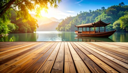Serene lakeside retreat, wooden deck with boat, lake, and majestic mountains in the background