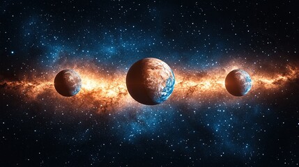 Three Planets Align, Nebula Background, Space, Cosmic