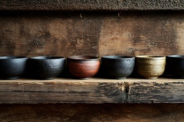 Assorted handcrafted ceramic bowls displayed on rustic wooden shelf.