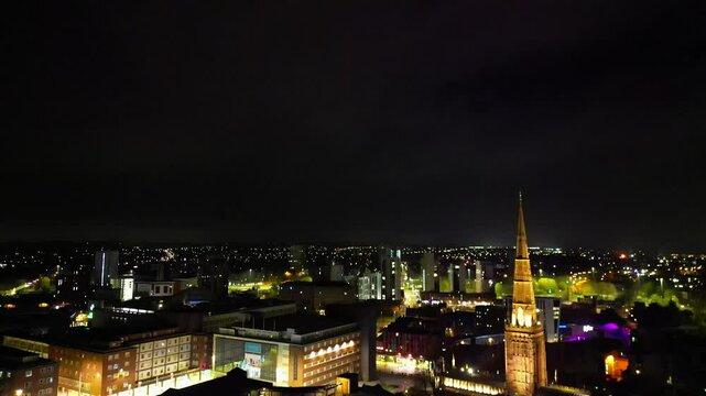Aerial Night Footage of Illuminated Historical Coventry City Centre of England, Great Britain. Drone Camera Footage Was Captured on April 8th, 2024
