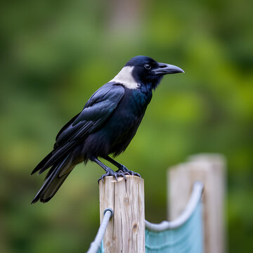 Portrait of an American Crow cawing on a fence, British Columbia, Canada