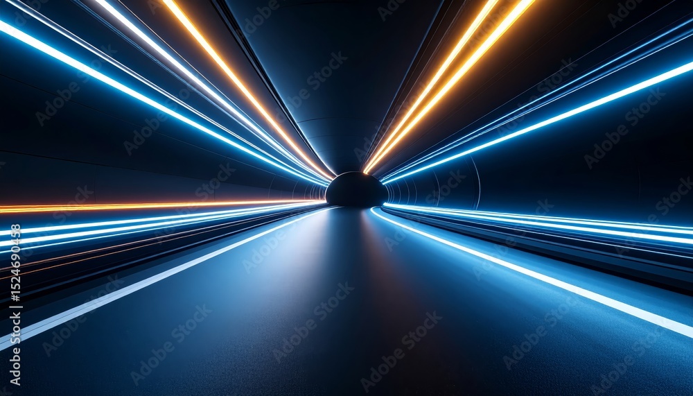 Poster dynamic light streaks in a dark tunnel, futuristic abstract of speed and motion