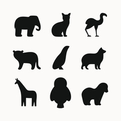 Collection of Nine Minimalist Animal Silhouettes Elephant, Cat, Bird, Tiger, Penguin, Dog, Giraffe, Owl, and Bear