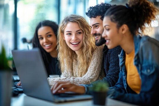 Four diverse young adults gathered around a laptop working together with smiles in a bright, modern indoor space