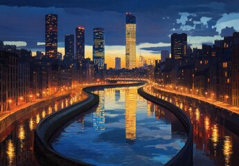 Fototapeta premium Evening cityscape with illuminated modern skyscrapers and historic buildings reflecting in a river at sunset under a dramatic sky