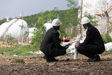 Two businessman or management team audit environment and rubbish around factory, Industrial and environment. NGO staff audit environment issue from industrial estate