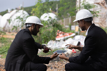 Two businessman or management team audit environment and rubbish around factory, Industrial and environment. NGO staff audit environment issue from industrial estate